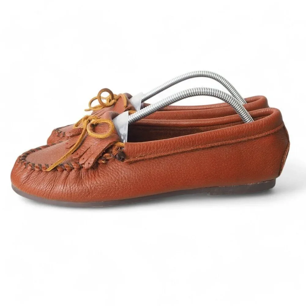 Minnetonka Deerskin Kilty Moc Toe Slip-on Loafers Carmel Brown 232116 Women's 10